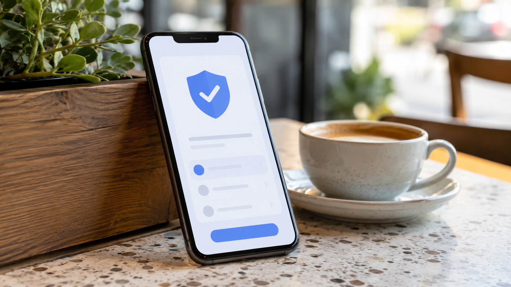 Teléfono mostrando un icono de verificación en una app, junto a una taza de café — app maduras segura