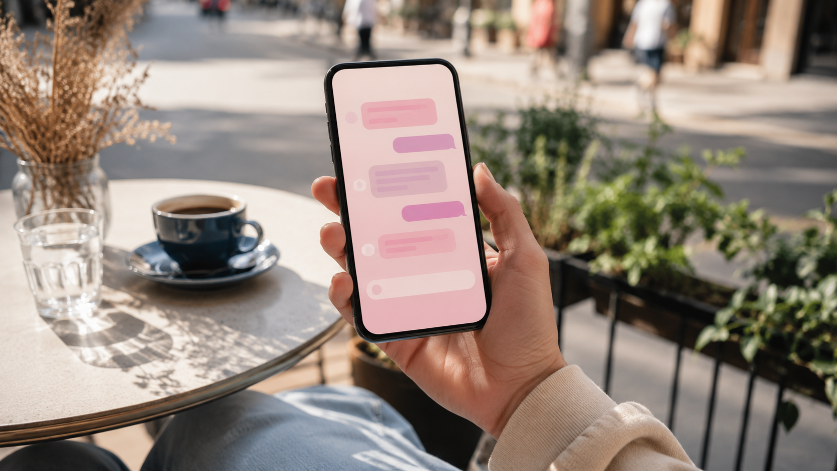 Teléfono en una terraza de café mostrando una interfaz de chat — chat erotico sin tarjeta